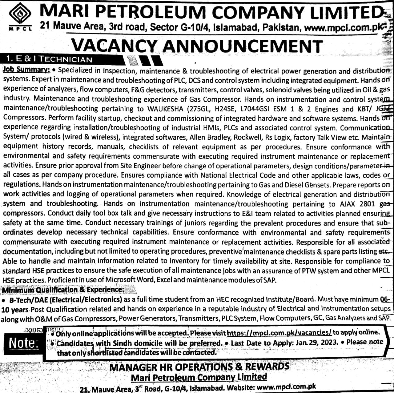 New Technician job at Mari petroleum latest 2023