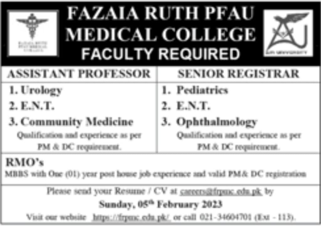 Jobs In Fazaia Ruth PFAU medical College