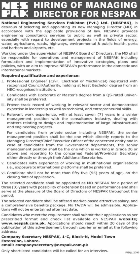 Jobs in NESPAK as Managing Director