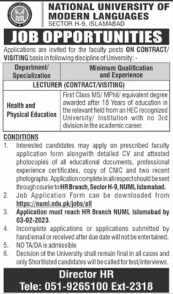 Jobs in NUML as Lecturer
