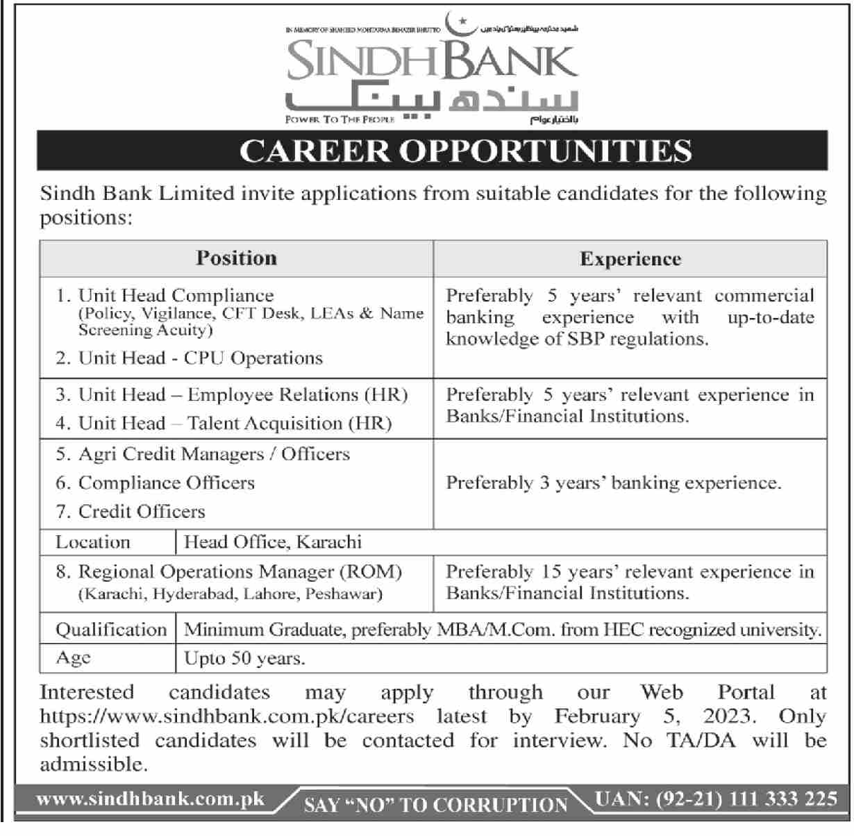 Sindh Bank offers New jobs
