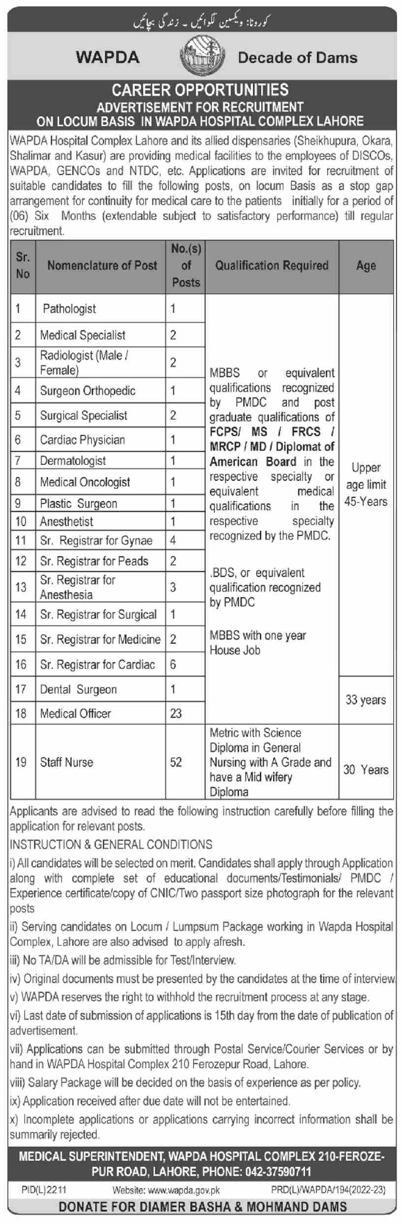 New jobs in WAPDA Hospital complex for 2023