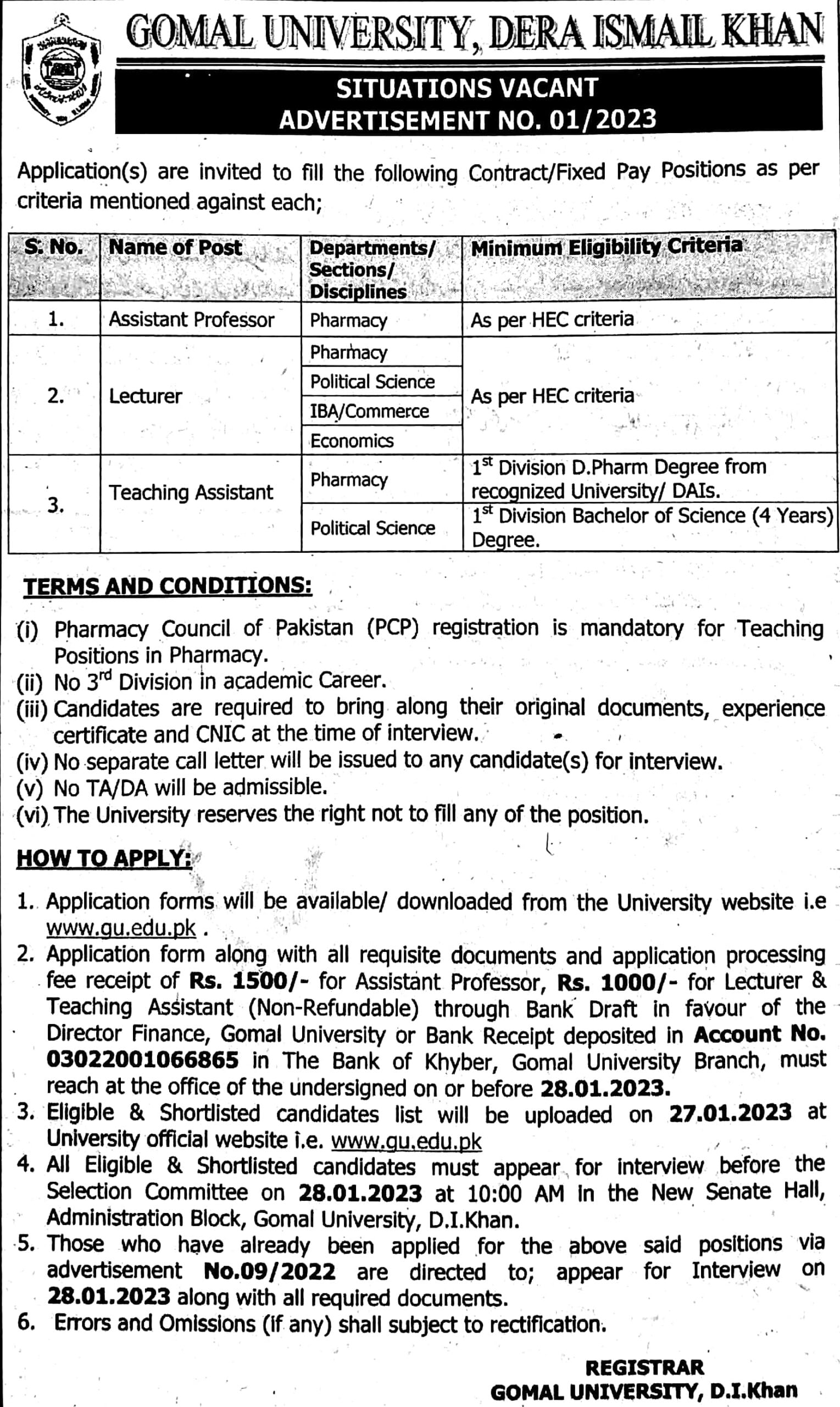 2 New lecturer and assistant professor jobs at Gomal University