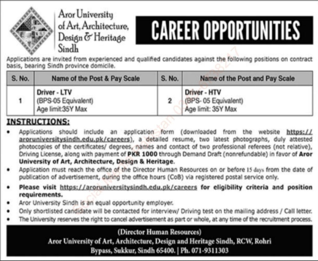 JOBS IN AROR UNIVERSITY OF ART, ARCHITECTURE, DESIGN AND GERITAGE SINDH