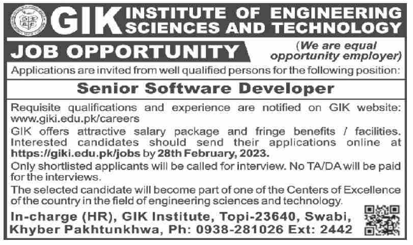 JOB IN GIK INSTITUTE OF ENGINEERING SCIENCES AND TECHNOLOGY KPK