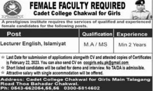 JOBS IN CADET COLLEGE CHAKWAL FOR GIRLS