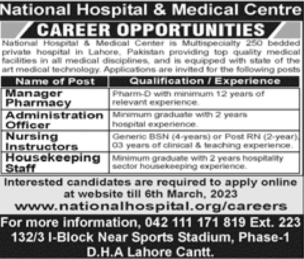 JOBS IN NATIONAL HOSPITAL AND MEDICAL CENTRE LAHORE