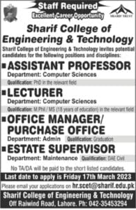 JOBS IN SHARIF COLLEGE OF ENGINEERING AND TECHNOLOGY LAHORE