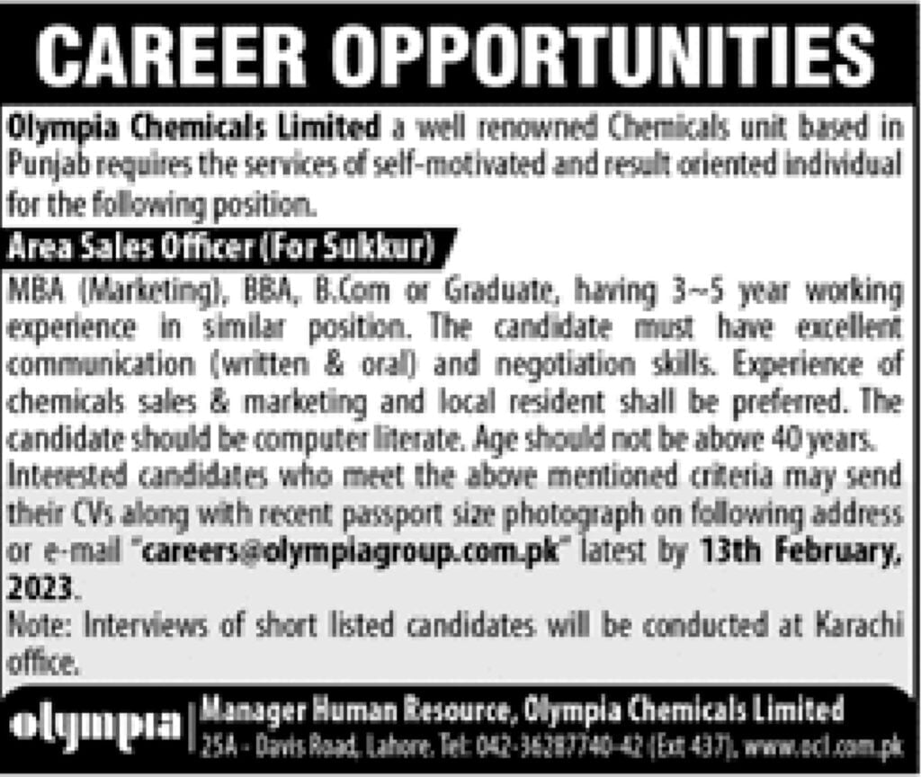 Jobs in Olympia Chemicals Limited