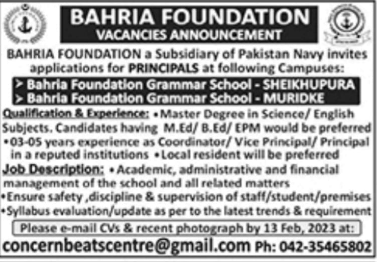 Join Bahria Foundation as a Principal