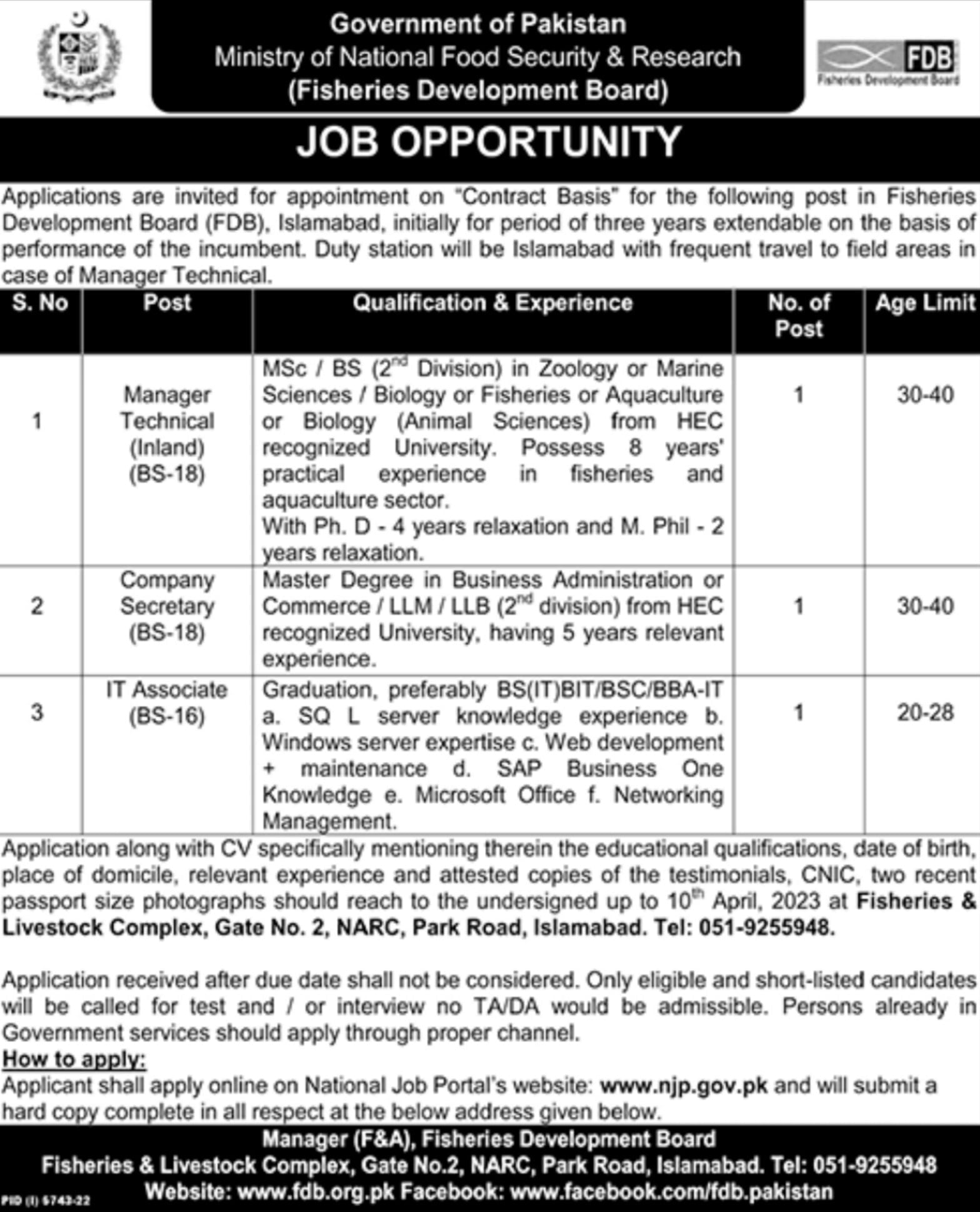 JOB IN MINISTRY OF NATIONAL FOOD SECURITY & RESEARCH (Fisheries Development Board) PAKISTAN 2023