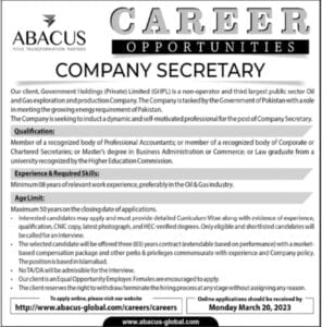 JOB OF COMPANY SECRETARY IN ABACUS PAKISTAN 2023