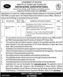 JOB OF DIRECTR-TECHNICAL IN GOVERNMENT OF PAKISTAN MINISTRY OF SCIENCE AND TECHNOLOGY IN ISLAMABAD 2023