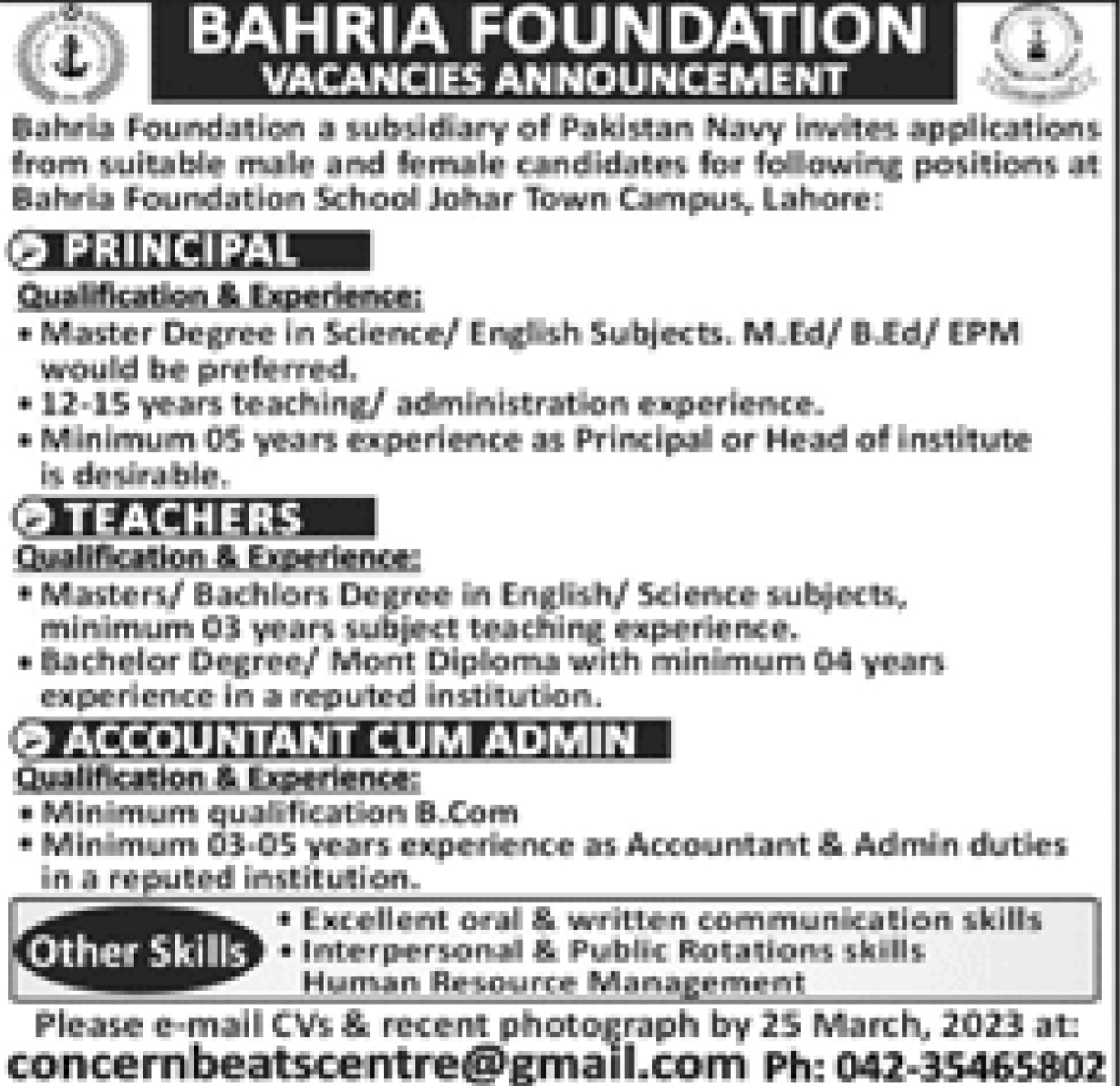 JOBS IN BAHRIA FOUNDATION PAKISTAN 2023