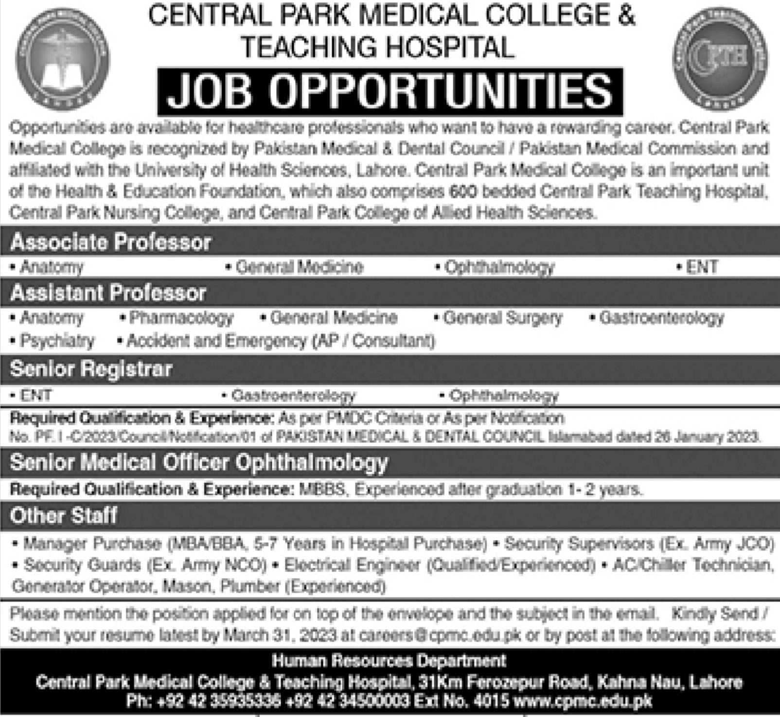 JOBS IN CENTRRAL PARK MEDICAL COLLEGE & TEACHING HOSPITAL 2023
