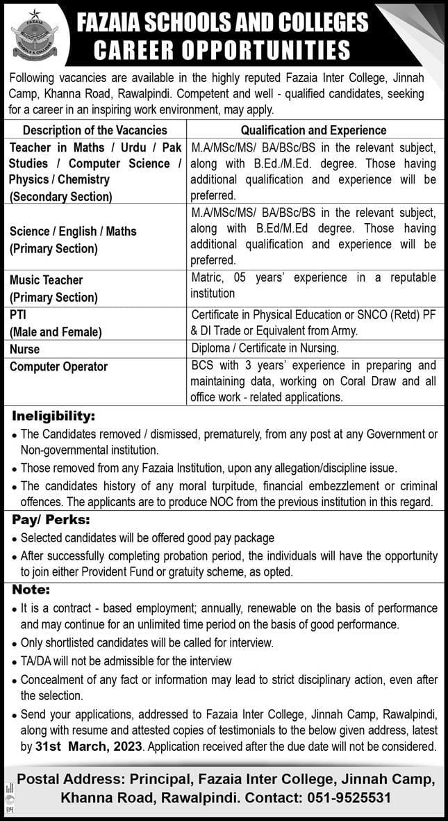 JOBS IN FAZAIA SCHOOLS AND COLLEGES IN RAWALPINDI 2023