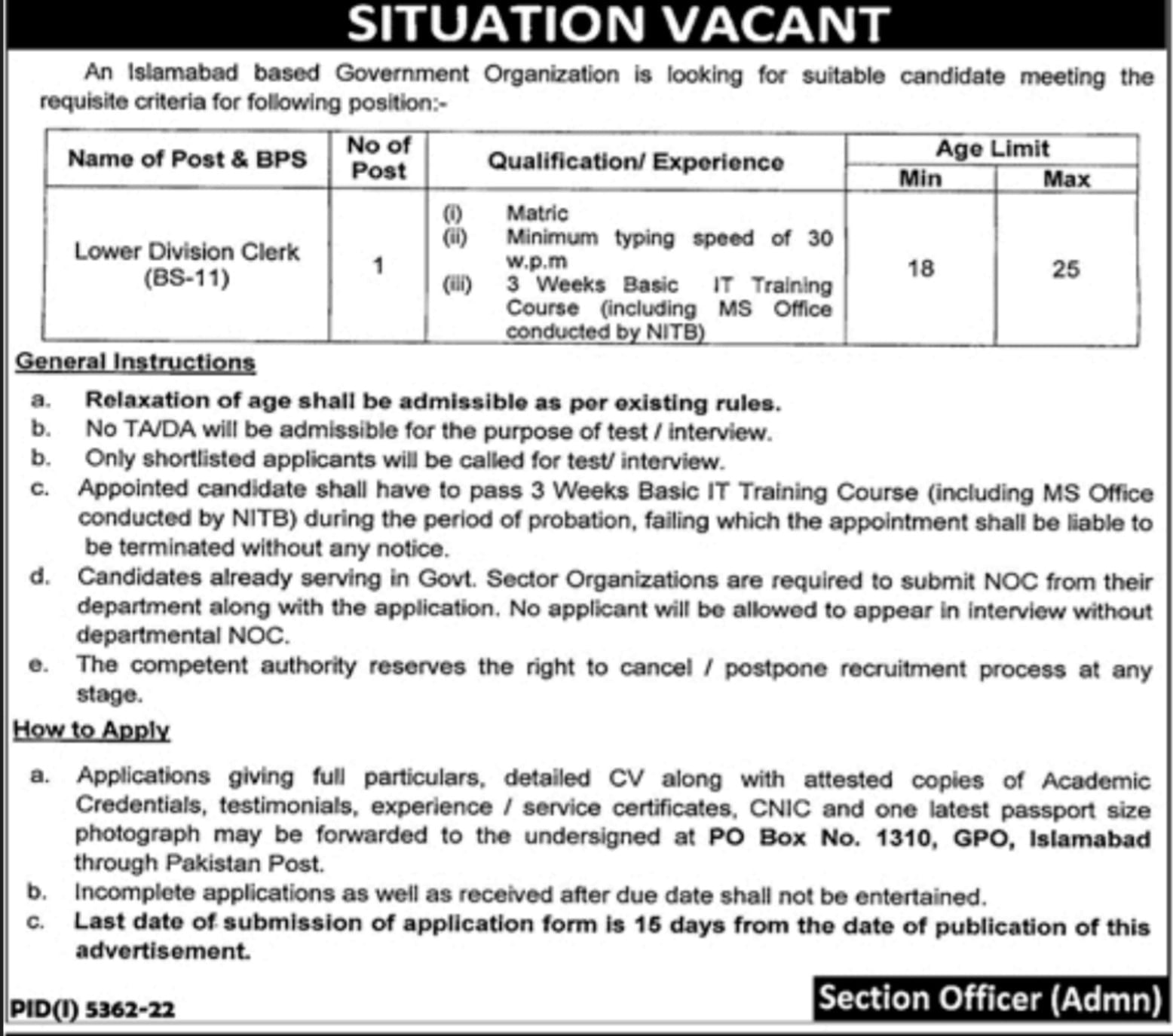 JOBS IN GOVERNMENT ORGANIZATION ISLAMABAD