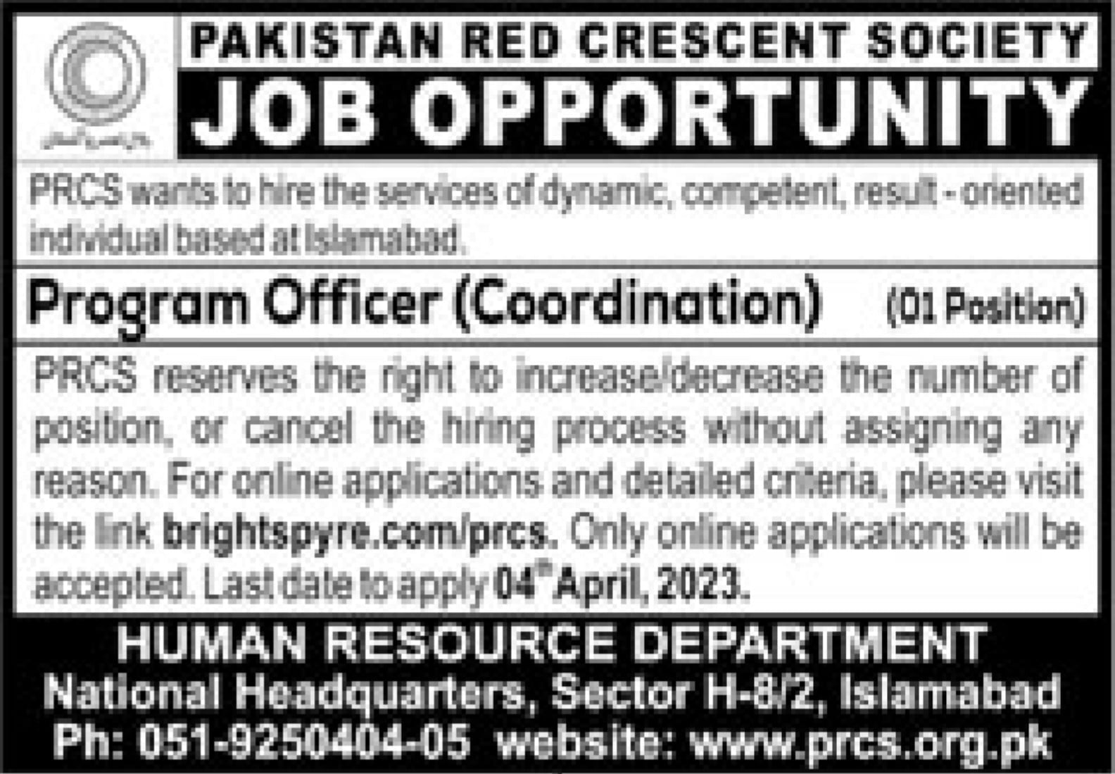 Latest job in Pakistan Red Crescent Society 2023