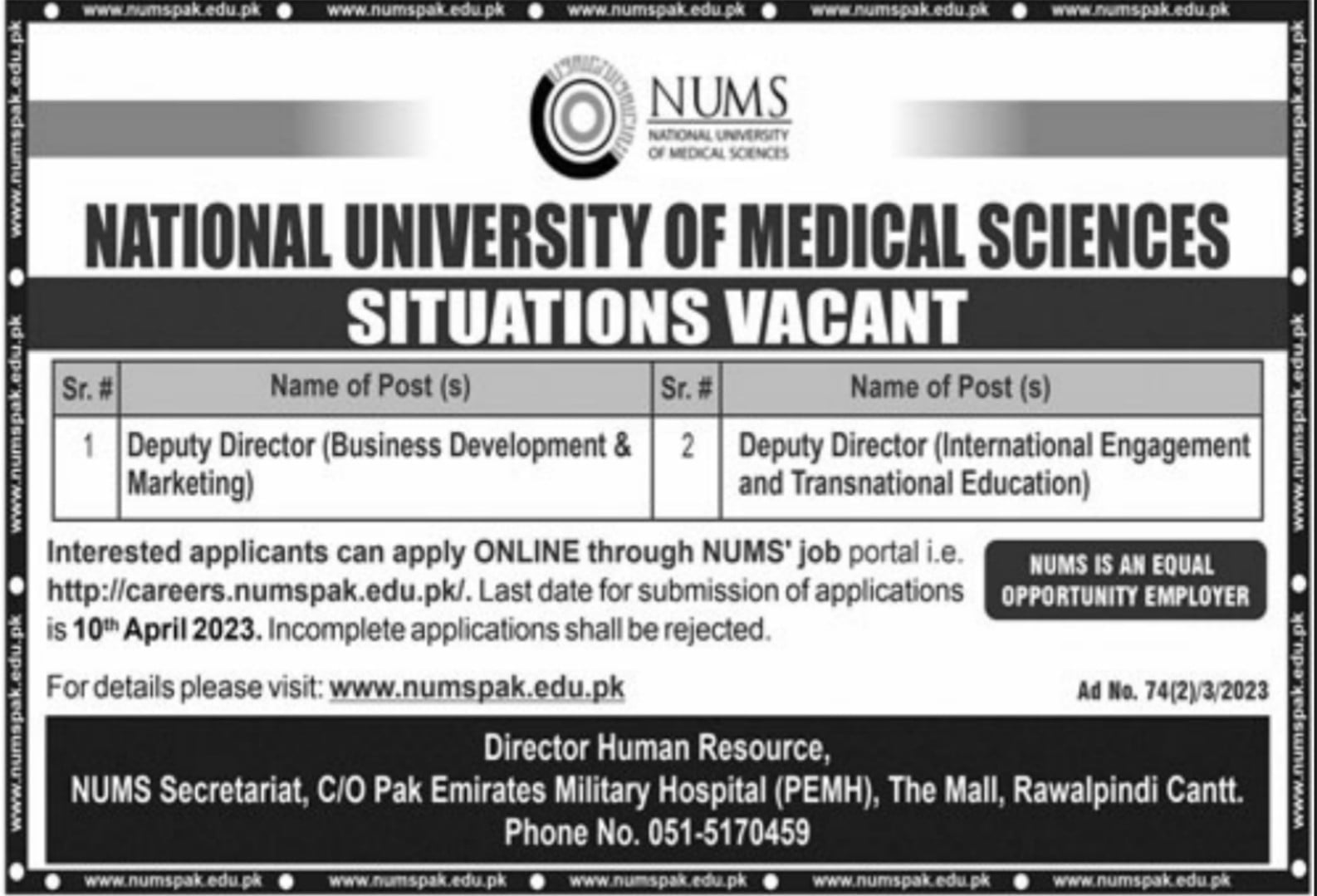 Latest jobs in National University of Medical Sciences Rawalpindi 2023