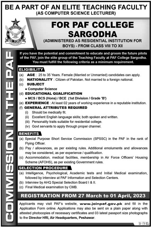 Latest jobs in PAF College Sargodha 2023