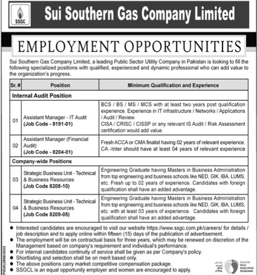 LATEST JOB IN SUI SOUTHERN GAS COMPANY LIMITED IN PAKISTAN 2023