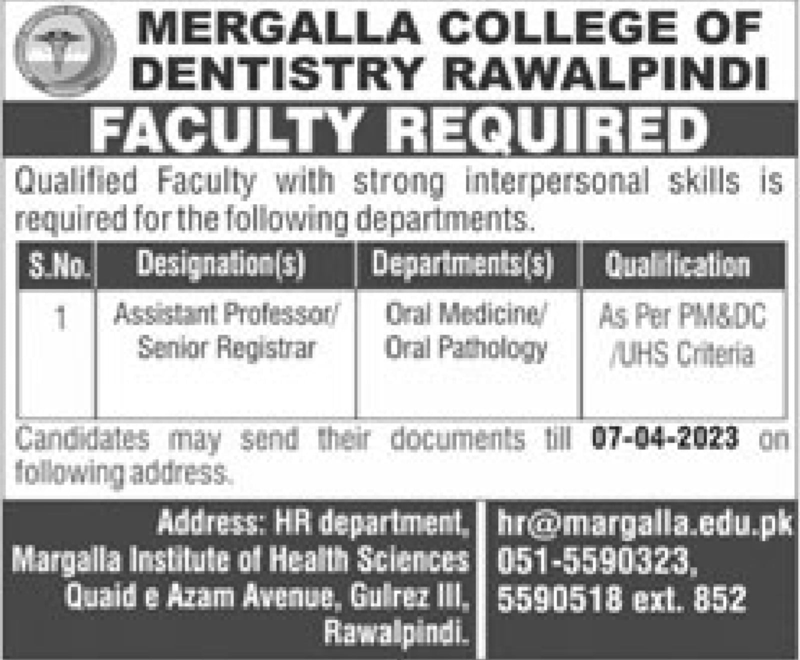 Latest jobs in Mergalla College of Dentistry Rawalpindi 2032